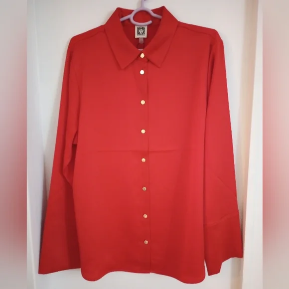 Anne Klein Red Button-Down Shirt with Gold Accents Size Large - Picture 2 of 10